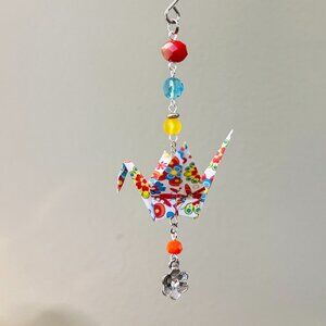 Origami Ornament #2306 - Small Crane with Floral Pattern and Charm
